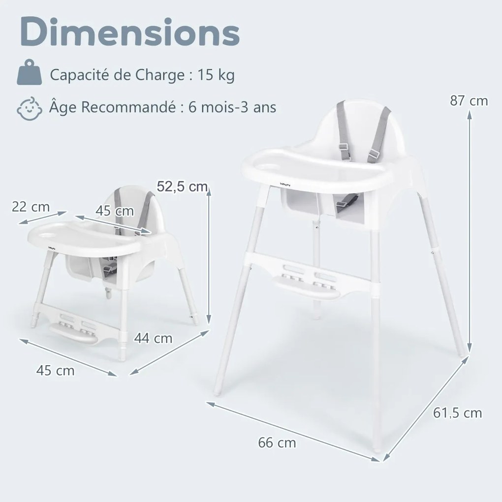 Cadeira alta conversível 16 em 1 para bebês com bandeja removível e cinto de segurança de 5 pontos - cinza