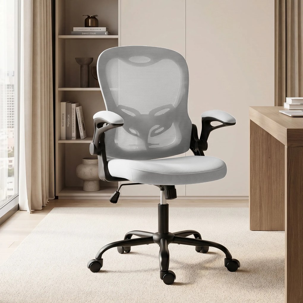 Cadeira de escritório ergonómica, cadeira de escritório em malha, braços rebatíveis, altura ajustável, função de balanço, cinzenta
