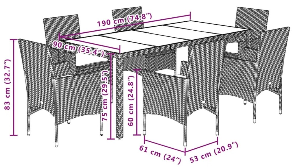 7 pcs conjunto jantar jardim com almofadões vime PE/vidro bege