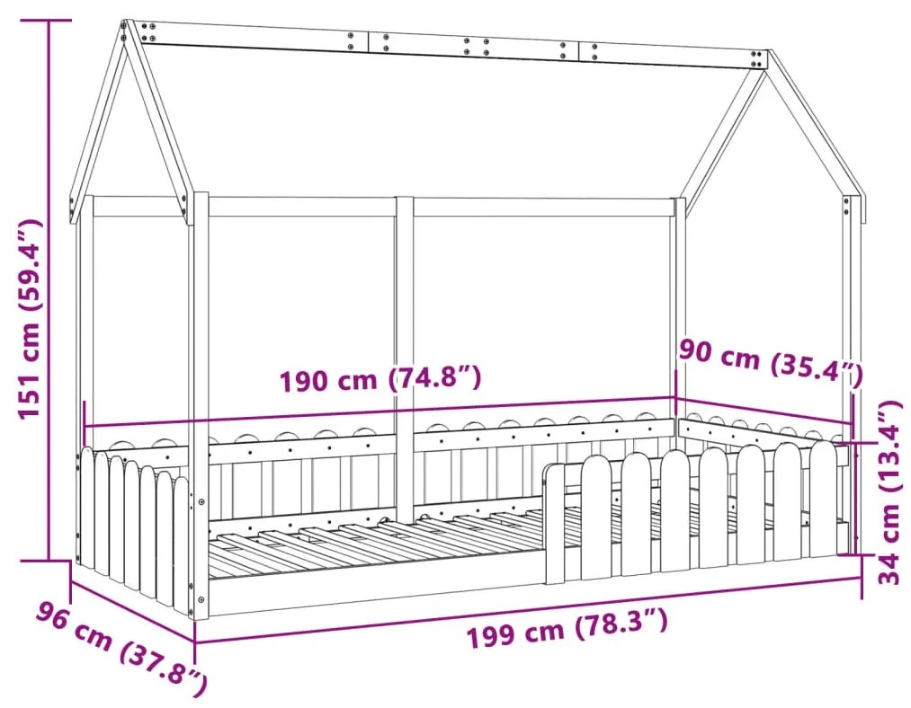 Cama infantil formato casa 90x190 cm pinho maciço castanho-mel