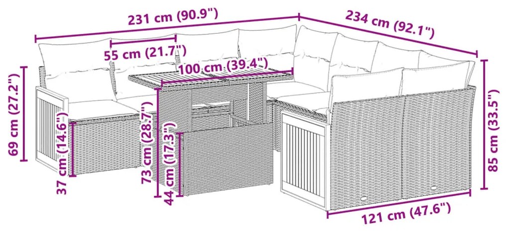 9 pcs conjunto de sofás p/ jardim c/ almofadões vime PE preto