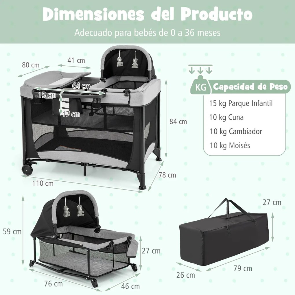 Centro de actividades para bebés 5 em 1 portátil com muda de fraldas Colchão amovível 2 rodas 110 x 78 x 84 cm Preto