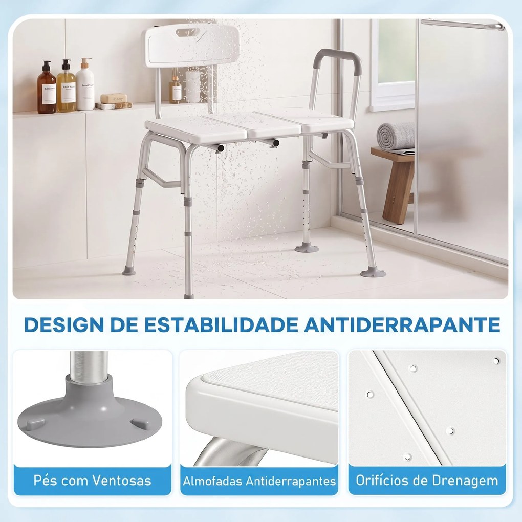 Banco de Duche de Transferência com Apoios de Braços e Encosto, Altura Ajustável em 10 Níveis, Suporta 136 kg