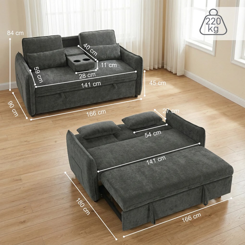 Sofá-Cama 2 Lugares 3 em 1 com Mesa Auxiliar Porta-Copos Encosto Ajustável Bolsos Laterais 2 Almofadas Cinzento Escuro