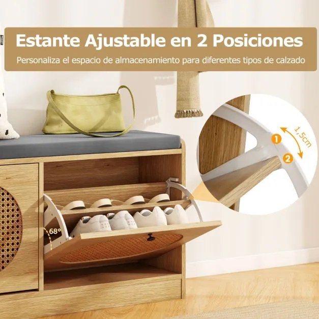 Banco Sapateira 101,5 x 24 x 48 cm de Rattan com 2 Gavetas Rebatíveis e Prateleiras Ajustáveis Almofada de Assento Acolchoada para Corredor Natural