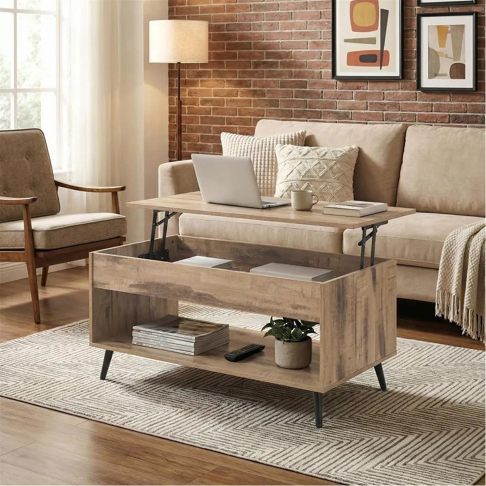Mesa de sala, mesa de centro com altura ajustável 50 x 100 x 45/58,5 cm, compartimento oculto castanho-camelo e preto