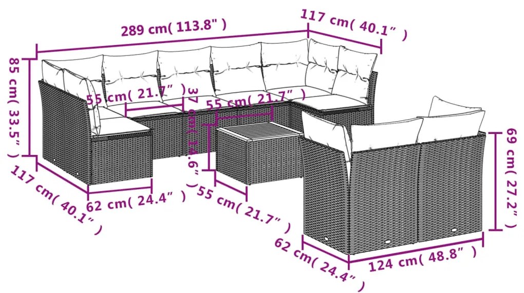 10 pcs conjunto sofás p/ jardim c/ almofadões vime PE cinzento