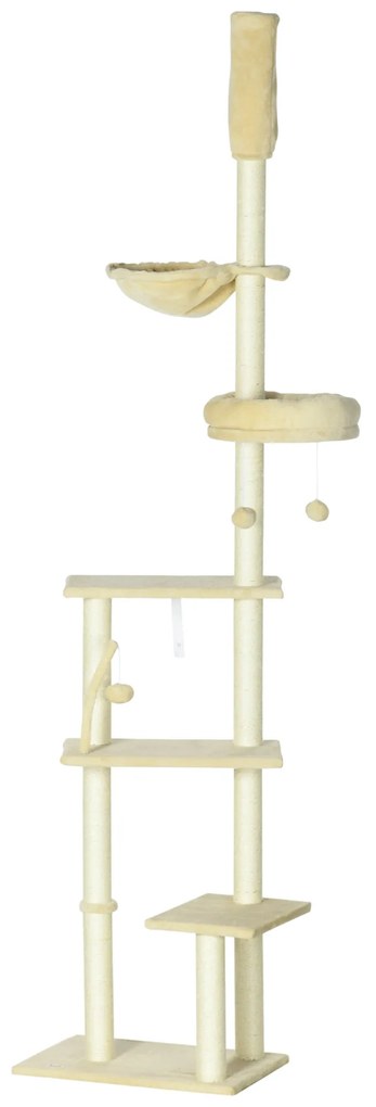 PawHut Arranhador para Gatos do Solo ao Teto de 230-250 cm  com Altura Ajustável Múltiplas Plataformas Rede Bolas Suspensas Bege