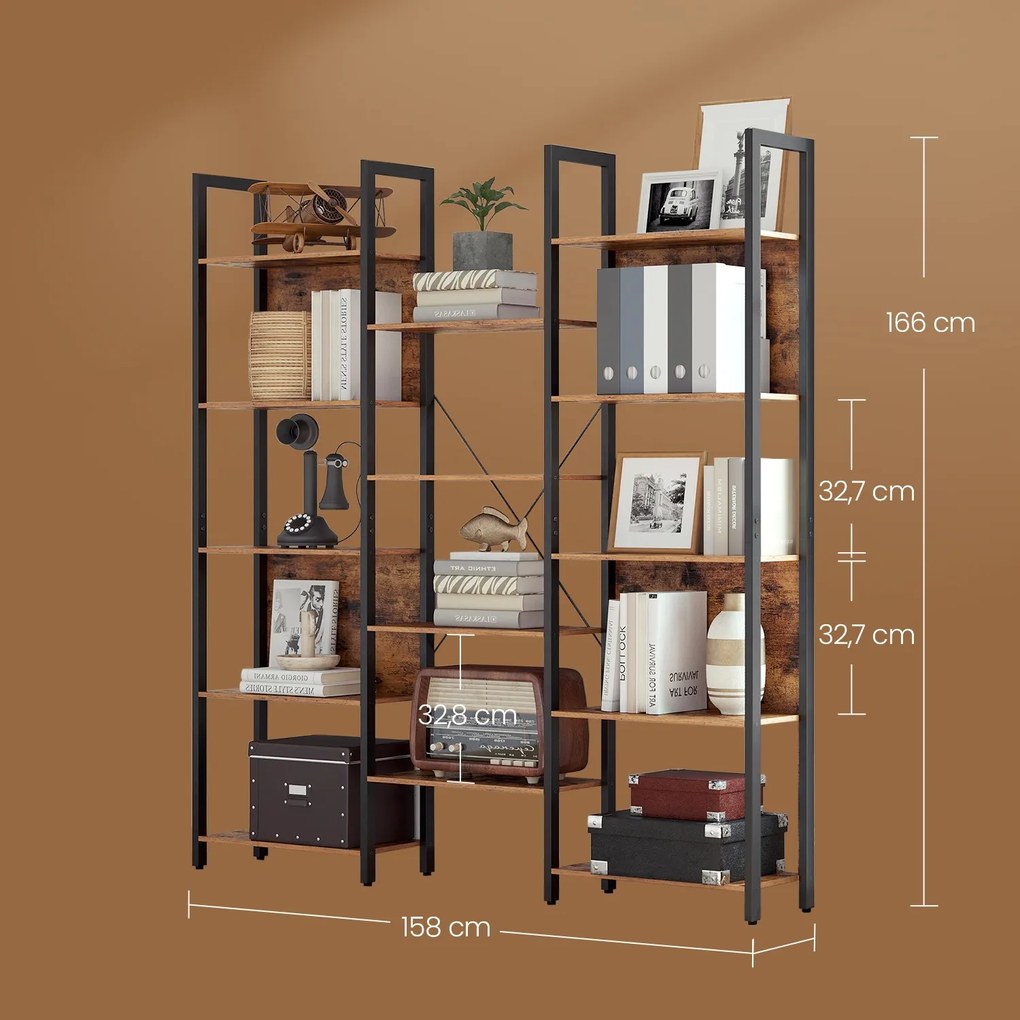 Estante para livros 24 x 158 x 166 cm, com 14 prateleiras e estrutura metálica castanho vintage-preto