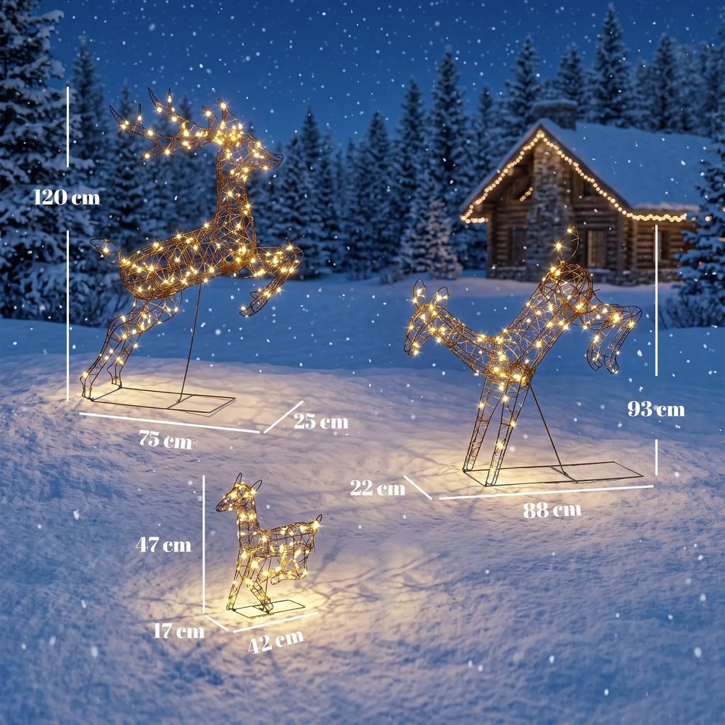 Conjunto de 3 Renas Luminosas de Natal para Exterior, 75 x 25 x 120 cm, 200 LED Branco Quente, Castanho