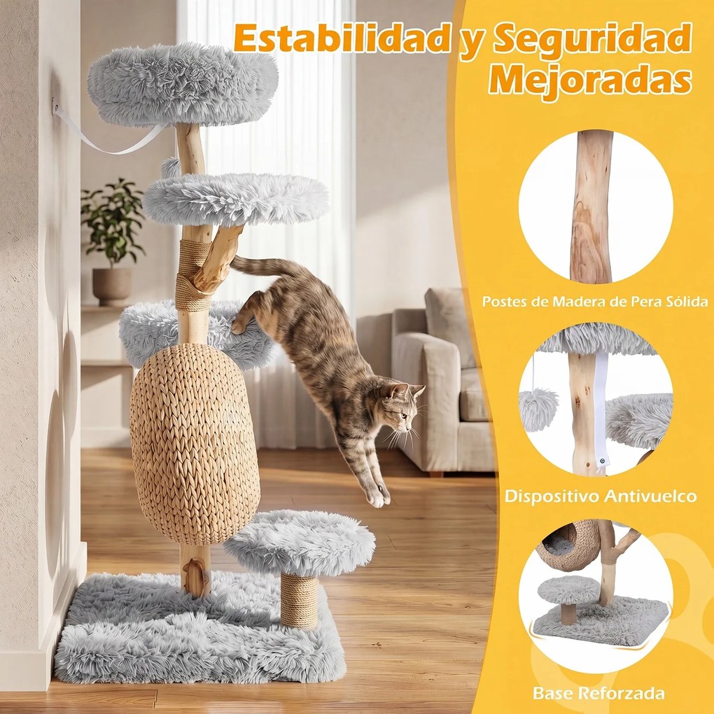 Árvore para Gatos de 5 Níveis, 59 x 59 x 134 cm, com Casota de Junco, Cinzento
