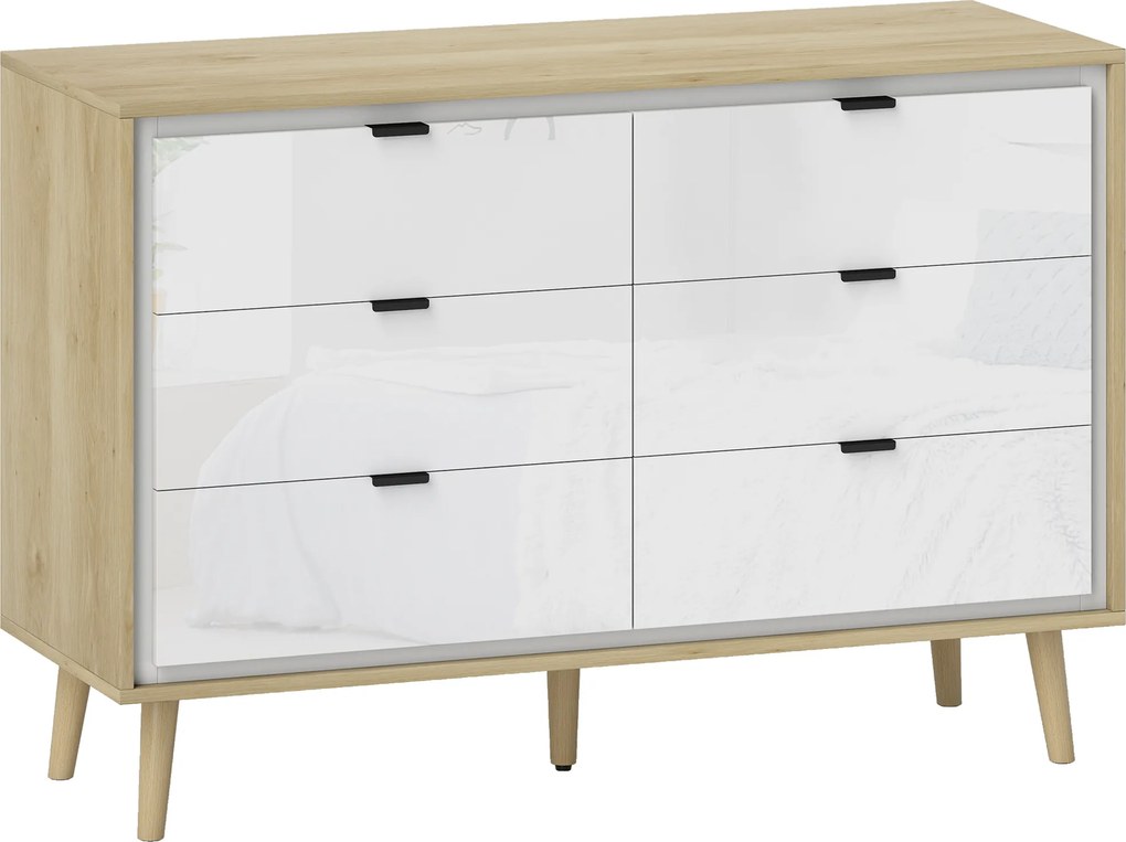 HOMCOM Cómoda 6 Gavetas Cómoda Quarto com Pernas de Madeira Estilo Moderno 110x40x75 cm Branco Brilhante e Carvalho | Aosom Portugal
