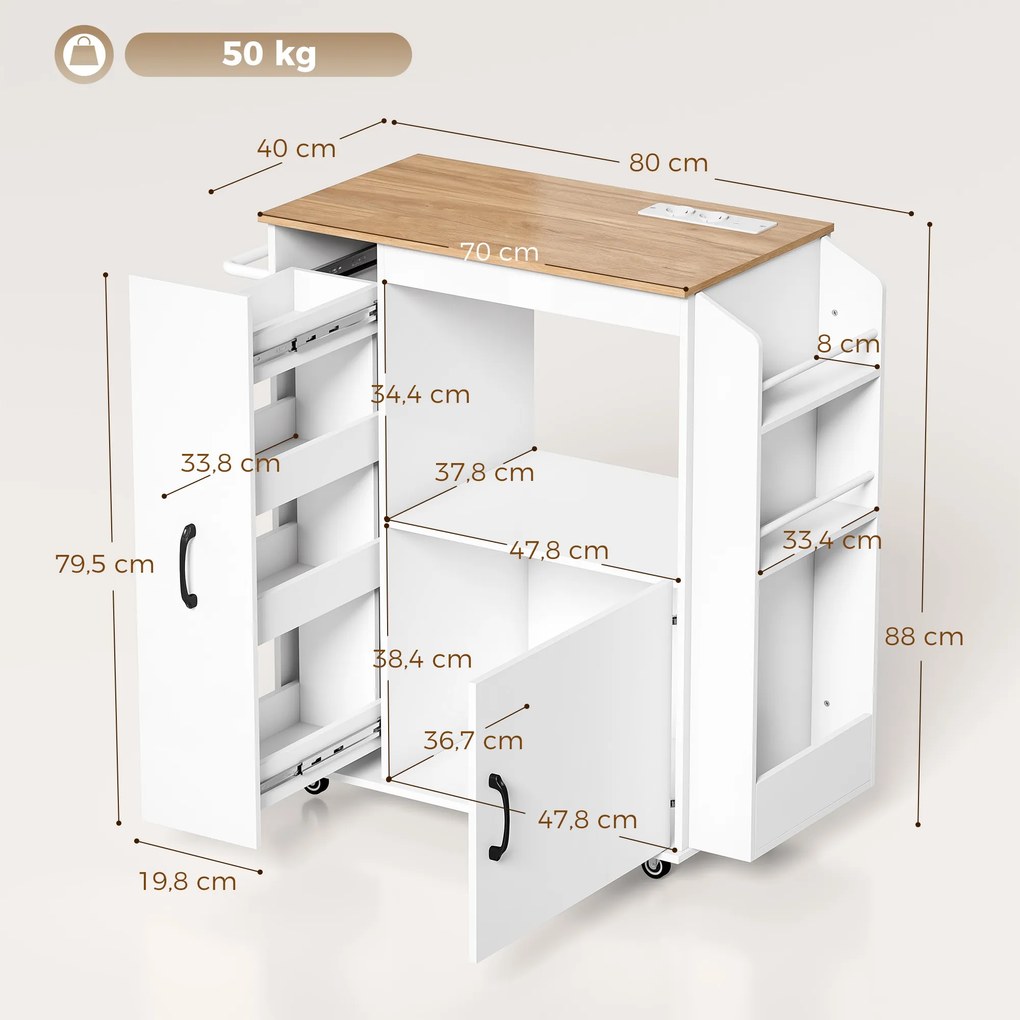 Carrinho de Cozinha com Rodas Estação de Carregamento Armário Organizador Extraível Porta-Especiarias e Barra para Panos 80x40x88 cm Branco