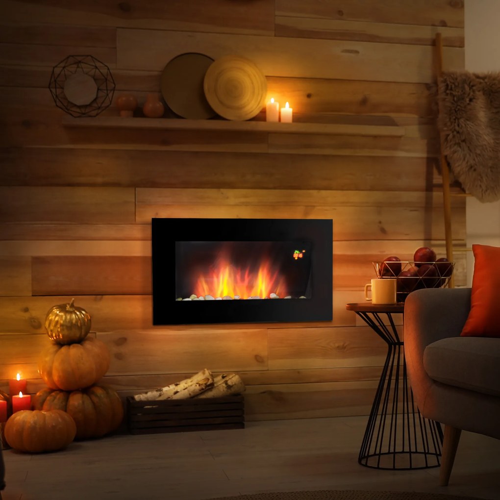 Lareira elétrica de parede 1000/2000 W 72,5 x 11,5 x 40 cm, lareira decorativa com efeito de chama em 7 cores ajustáveis, , preta
