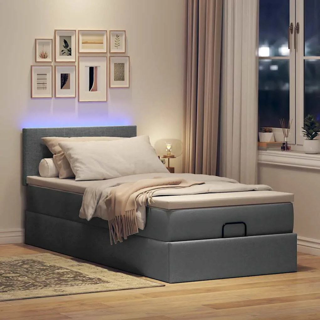 Cama otomana com colchão & LEDs 90x200cm tecido cinzento escuro