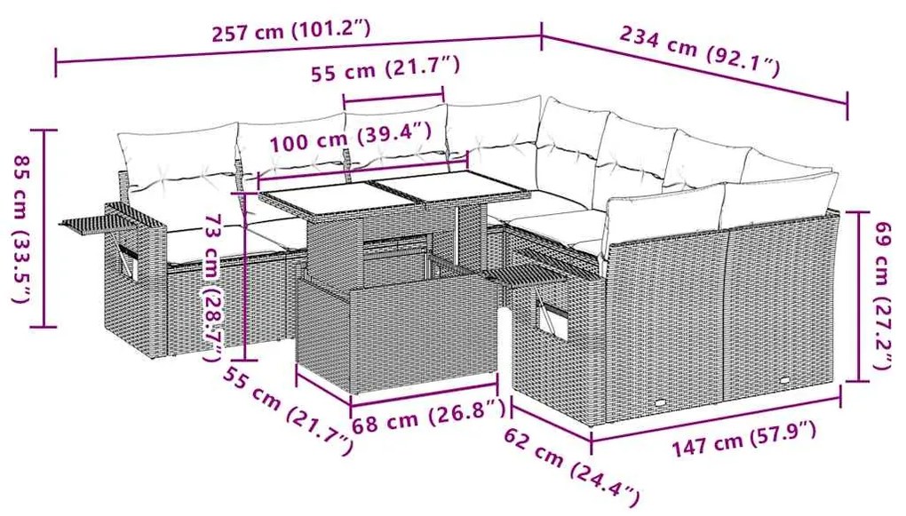 9 pcs conjunto de sofás p/ jardim c/ almofadões vime PE preto