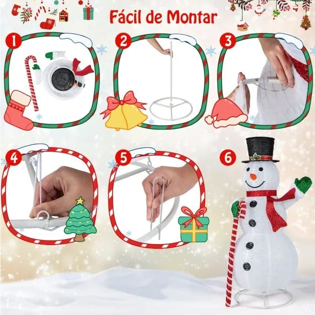 Decoração natal de boneco de neve de 150 cm com 180 luzes LED Chapéu e cachecol de festa