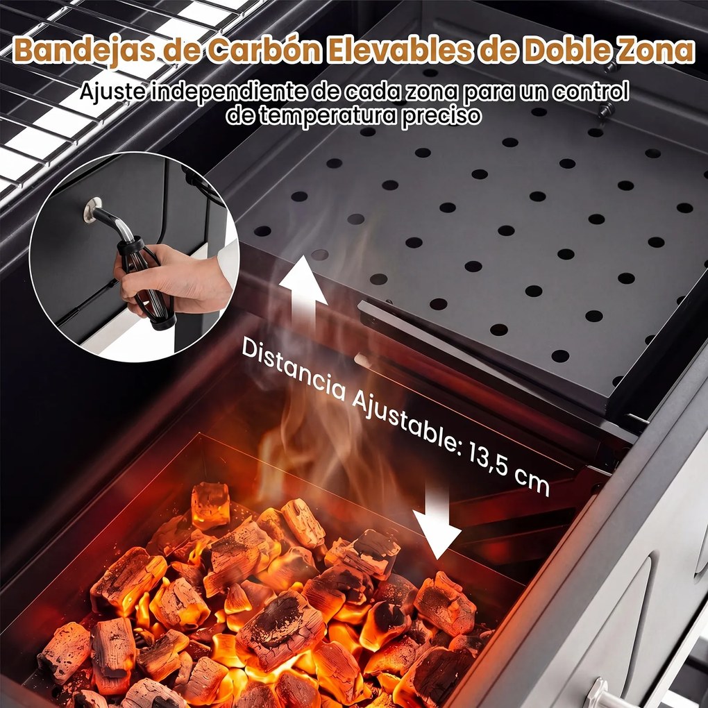 Grelhador a Carvão Portátil com Tampa, 86 x 49,5 x 47 cm, Dois Níveis de Confeção, Preto