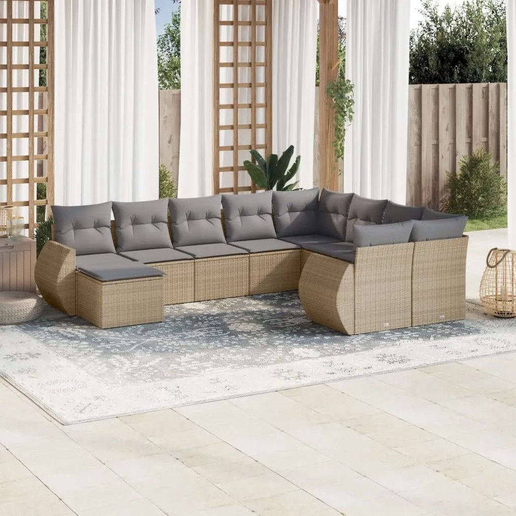 vidaXL 10 pcs conjunto de sofás p/ jardim com almofadões vime PE bege
