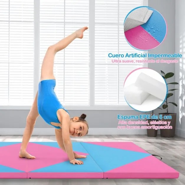 Colchão de ginástica dobrável Tapete de tumbling em couro PU com fechos para ioga 240 x 117 x 5 cm Azul e Rosa