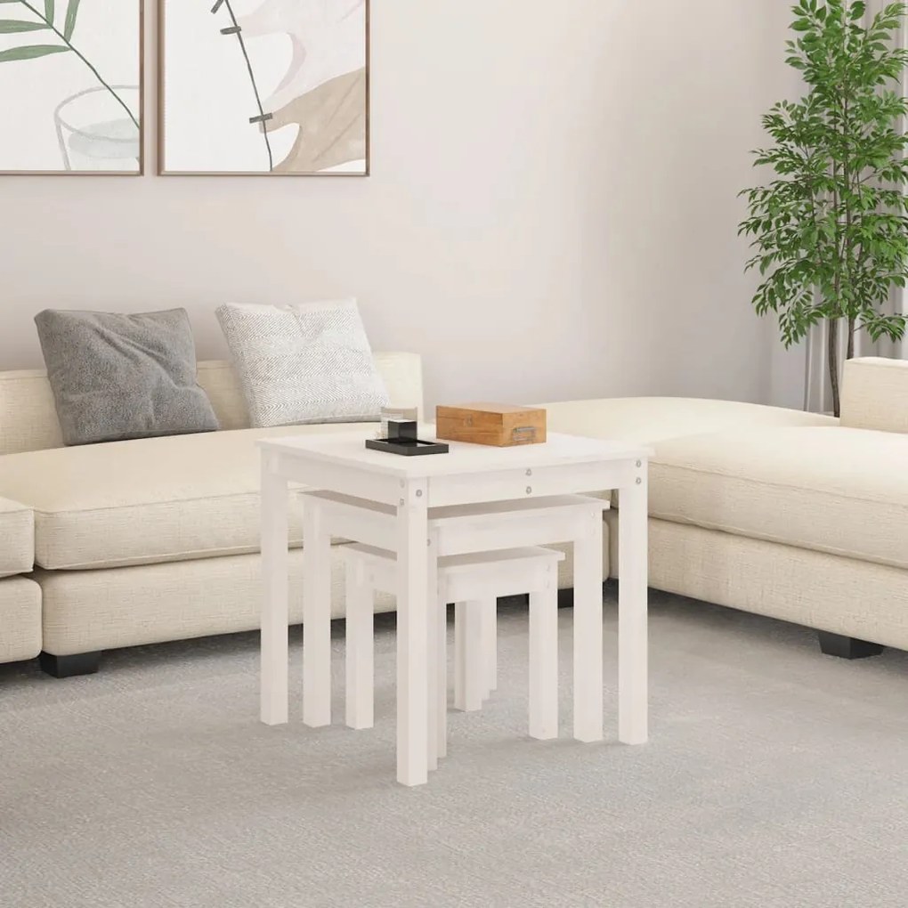 Mesas de encastrar 3 pcs madeira de pinho maciça branco