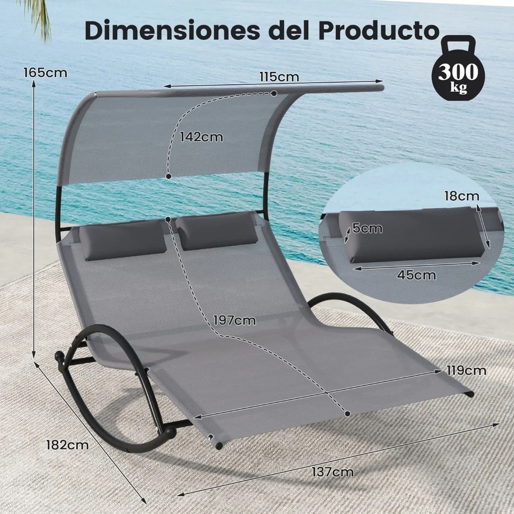 Espreguiçadeira baloiço jardim para 2 pessoas com 2 apoios de cabeça removíveis, estrutura metálica resistente cinzenta