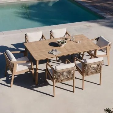 Conjunto De Mesa Retangular 180x90 Cm E 6 Cadeiras De Jardim Em Madeira De Acácia E Corda Trançada Kaela Marrom Acácia Claro - Sklum