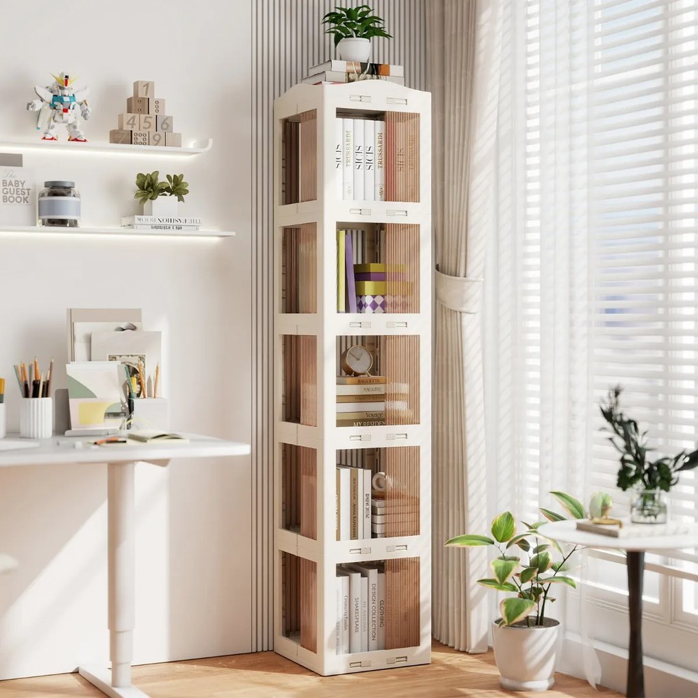 Estante com base giratória giratória 360° com 5 níveis 36,5 x 36 x 174 cm em Plástico dobrável com prateleiras Branco