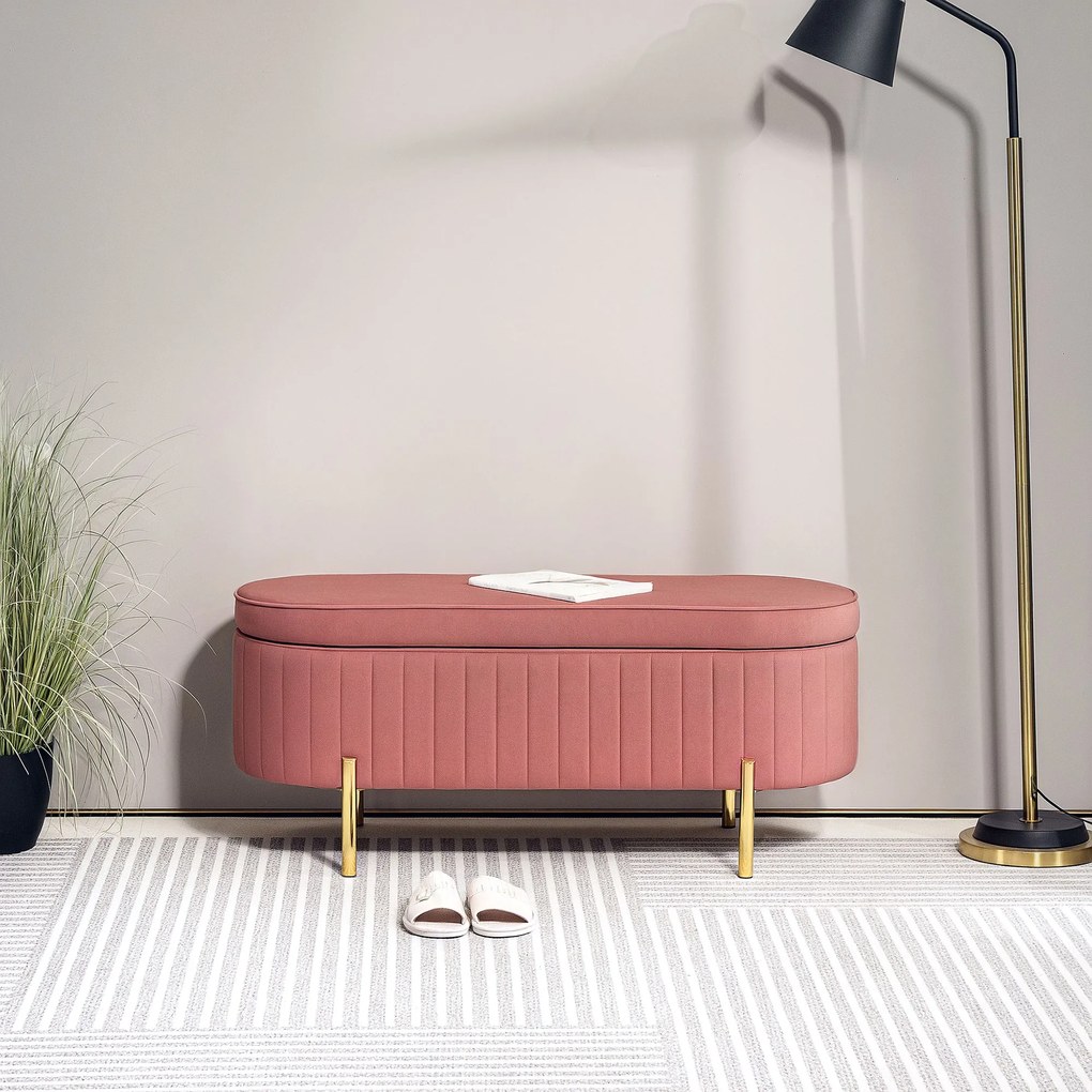 Banco de arrumação, baú de veludo com tampa, pés de metal, capacidade de 72 L, 108 x 44 x 43,5 cm, rosa