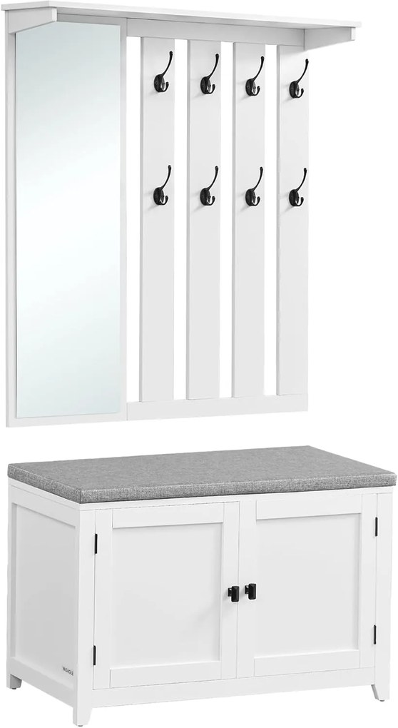 Conjunto de cabideiro de parede para sapatos VASAGLE, cabideiro com espelho, 8 ganchos duplos, sapateira com prateleiras ajustáveis, portas duplas, banco, assento com estofamento removível, 82 cm de largura, branco nuvem LSC010W01