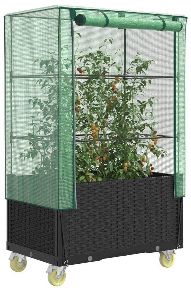 vidaXL Canteiro elevado com cobertura de estufa e rodas aspeto de vime