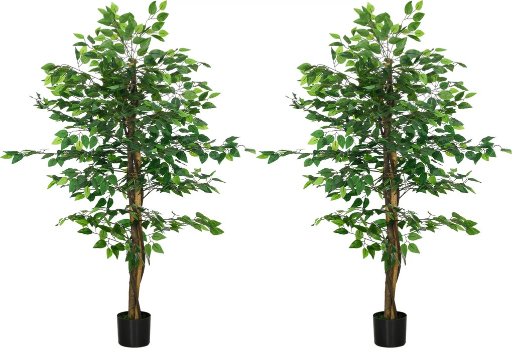 HOMCOM Conjunto de 2 Ficus Artificiais com Troncos Naturais 150 cm Plantas Artificiais com Vaso e 882 Folhas Verde | Aosom Portugal