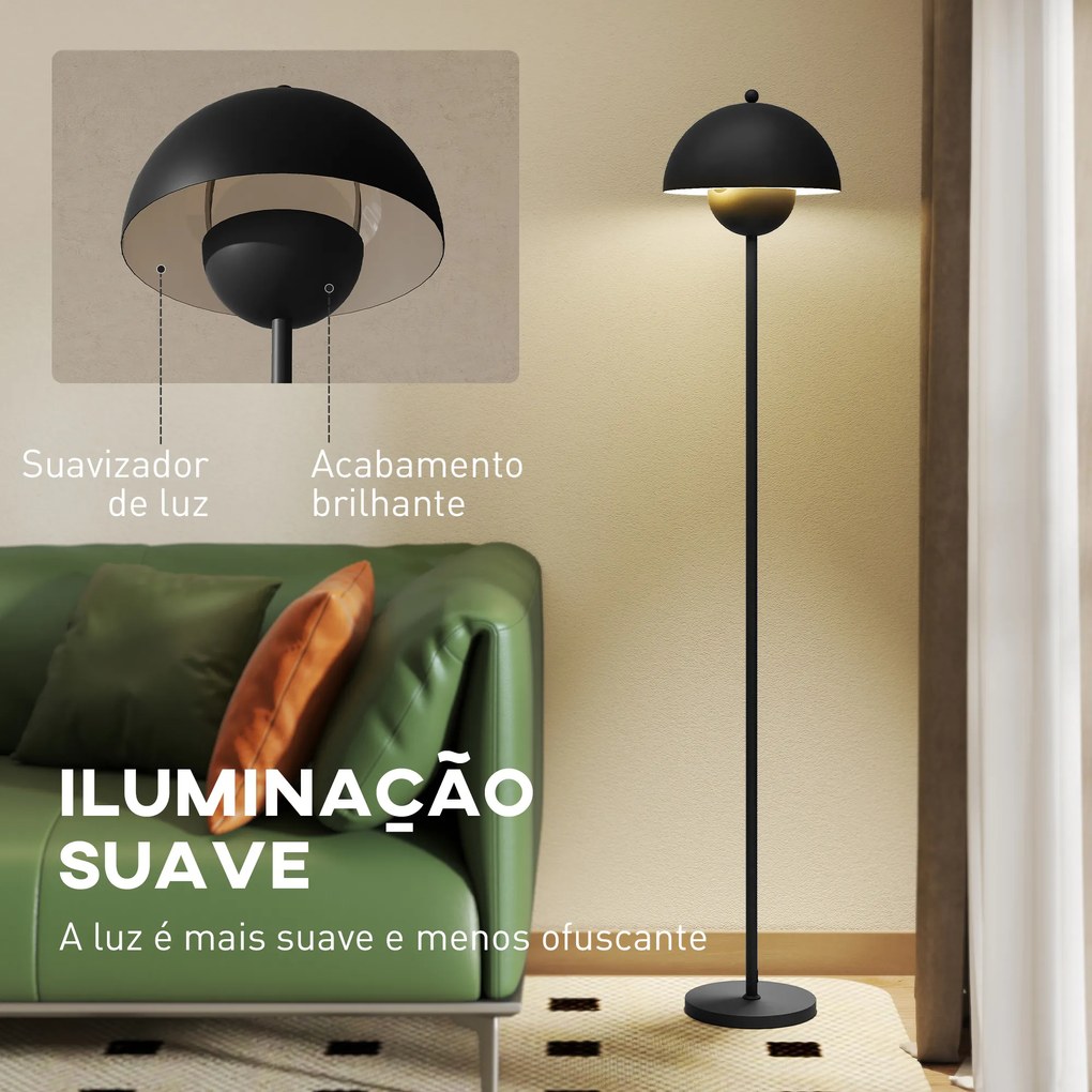 Candeeiro de Pé Moderno com Ecrã em Forma de Taça Refletora de Luz Interruptor de Pé Suporte E27 sem Lâmpada Ø35x155 cm Preto