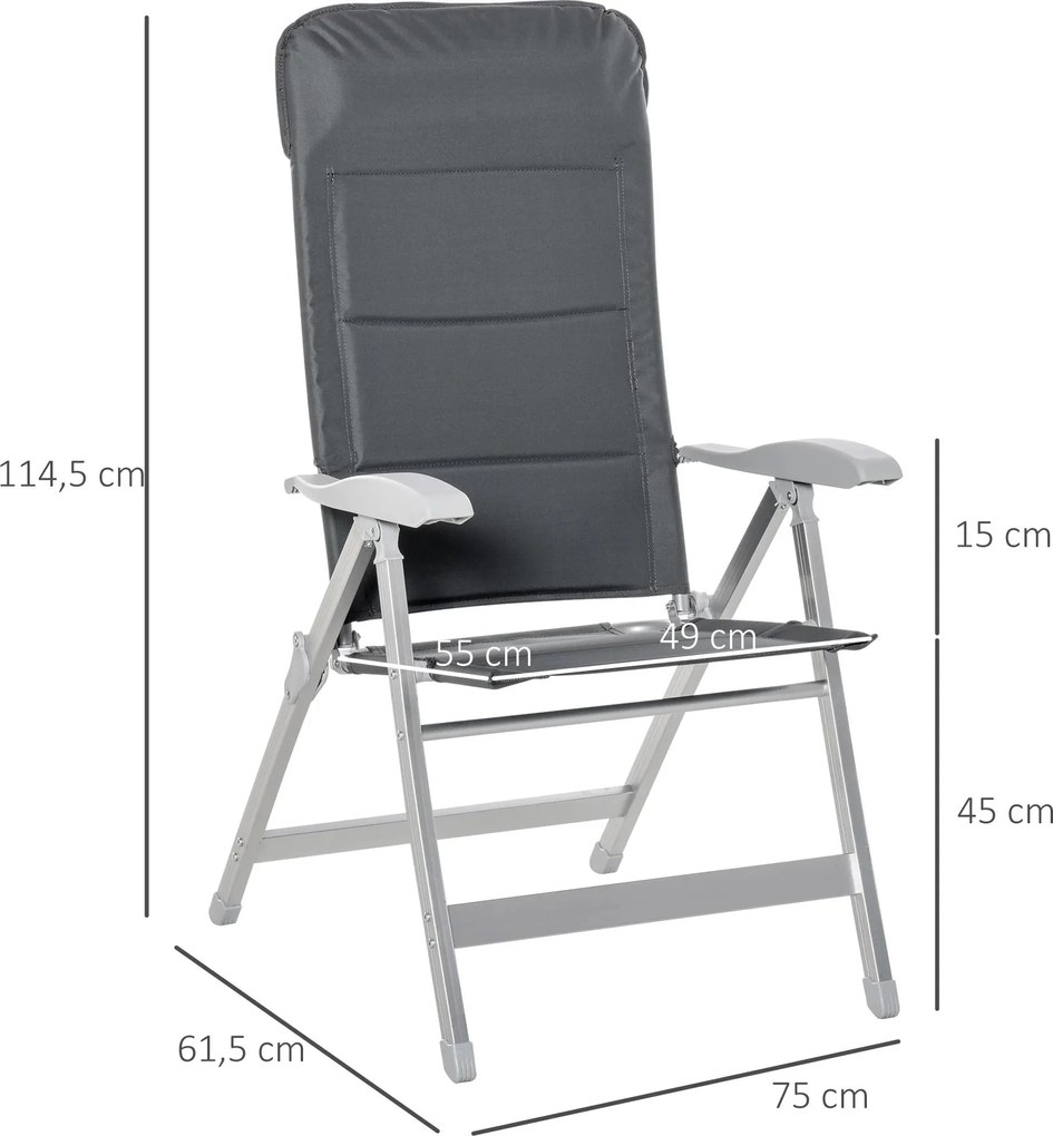 Cadeira de jardim dobrável de alumínio com encosto alto ajustável de 7 posições e encosto de cabeça acolchoado 75x61,5x114,5 cm cinza