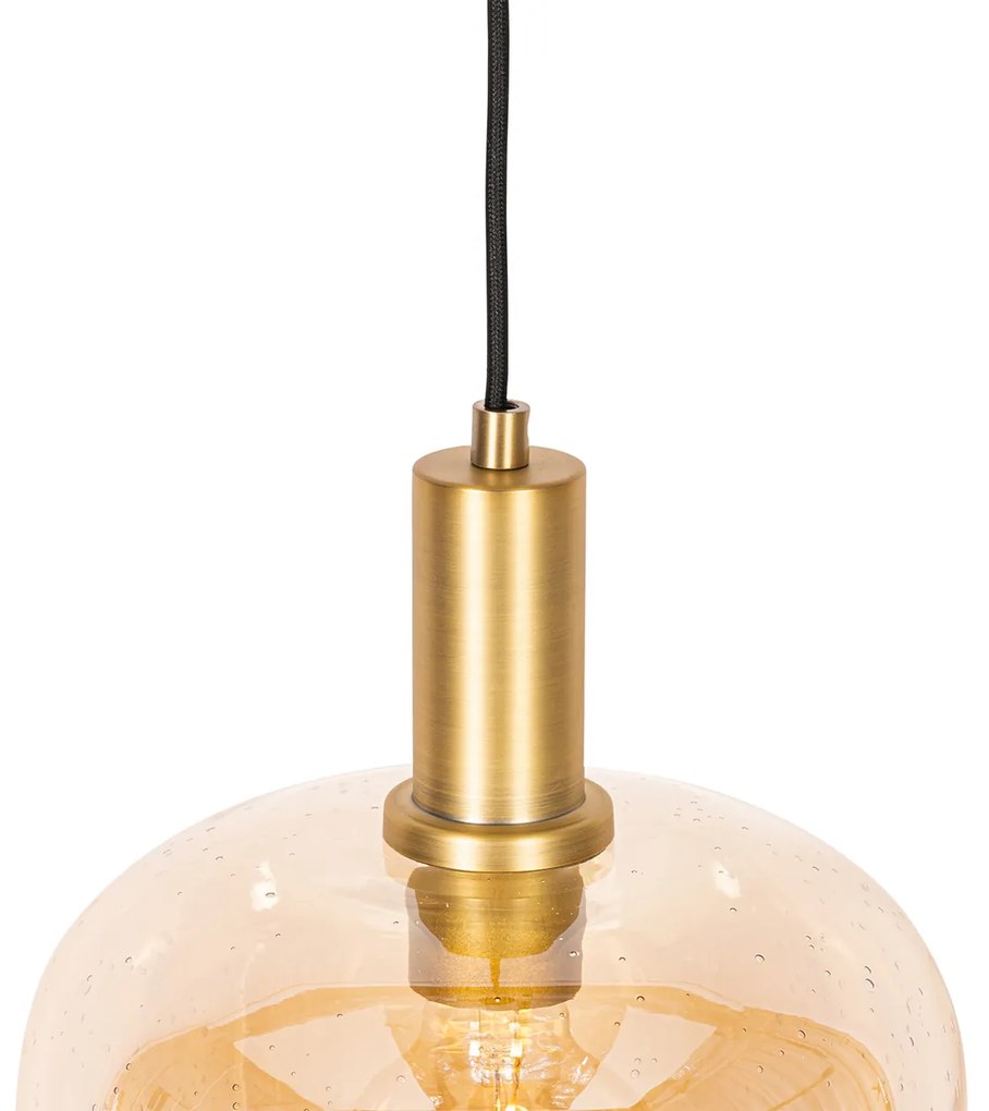 Candeeiro suspenso inteligente preto com latão e vidro âmbar incl. Wifi G95 - Zuzanna