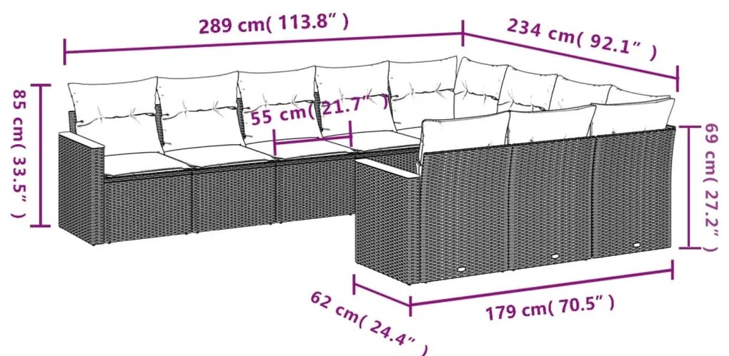 10 pcs conjunto sofás de jardim c/ almofadões vime PE preto