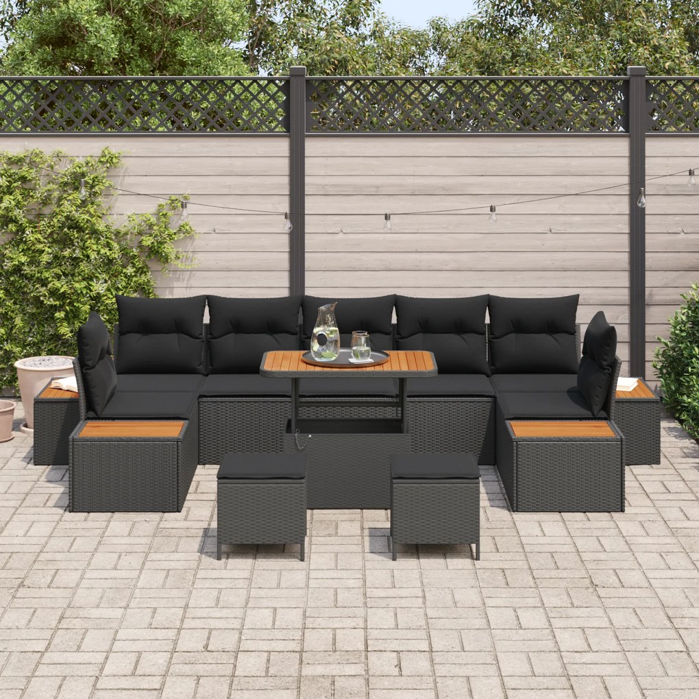 Conjunto de Sofá de Jardim vidaXL 10 Peças com Almofadas Preto Rattan