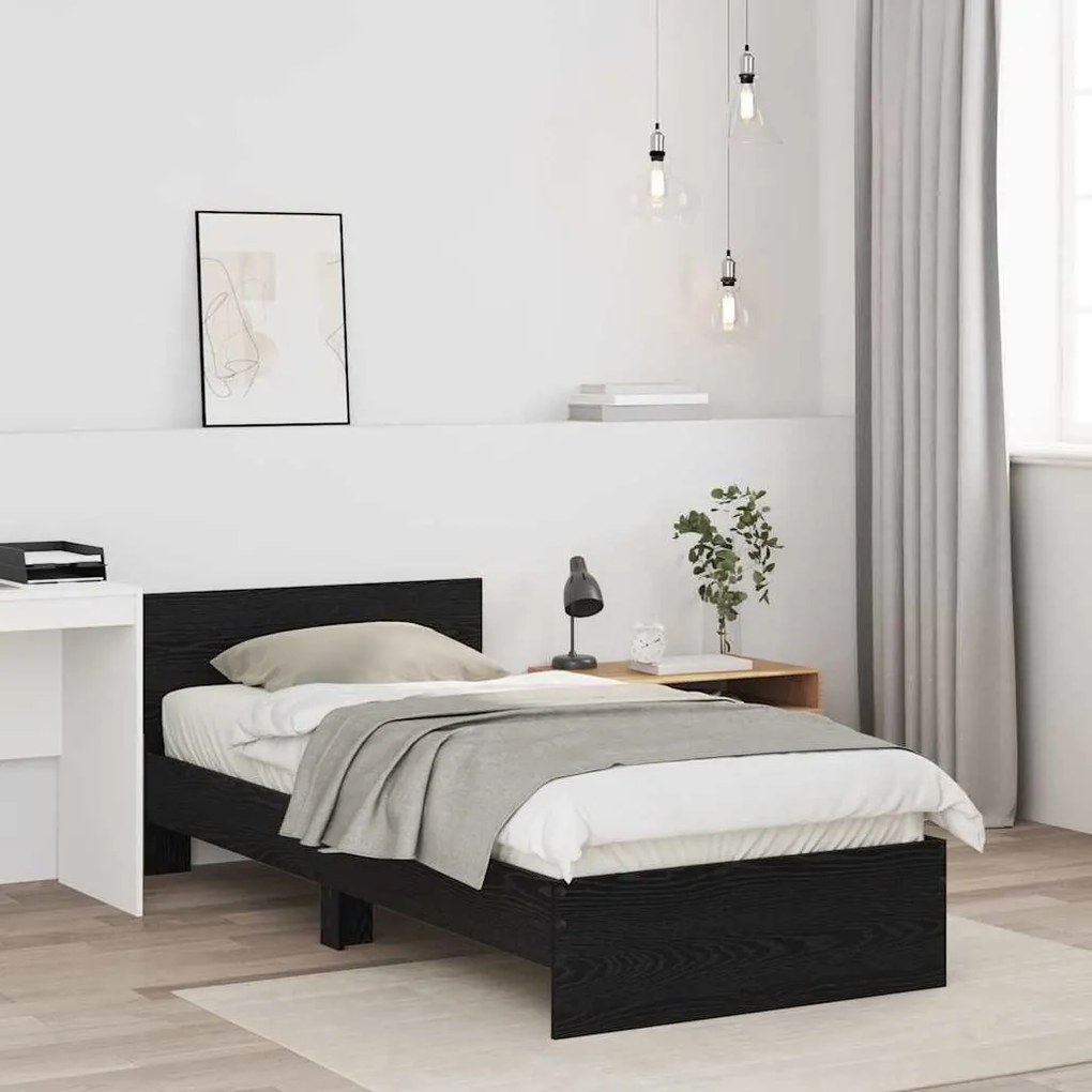 Estrutura de Cama com Cabeceira Carvalho Preto 90x200 cm Madeira de En