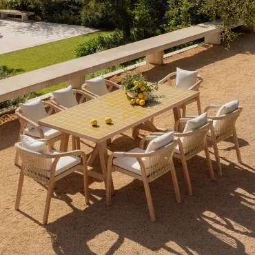 Conjunto De Mesa Retangular 200x100 Cm E 8 Cadeiras De Jardim Com Braços Em Madeira De Acácia E Cimento Dubai - Sklum
