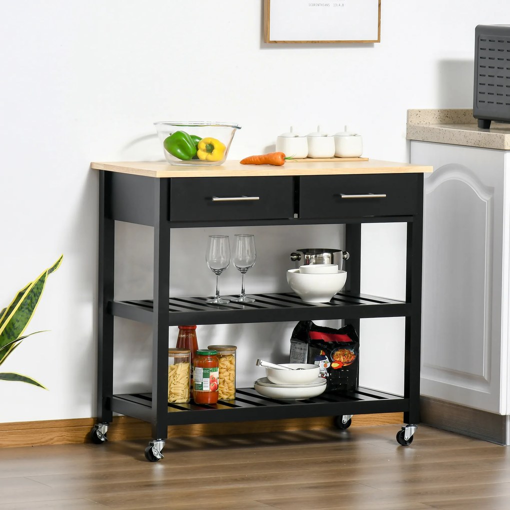 Carrinho de cozinha com rodas 91,4 x 45,6 x 85 cm, 2 prateleiras e 2 gavetas, preto e madeira natural
