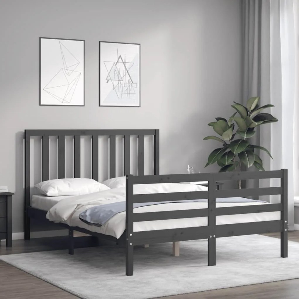 Estrutura de cama com cabeceira 140x190 cm madeira maciça cinza