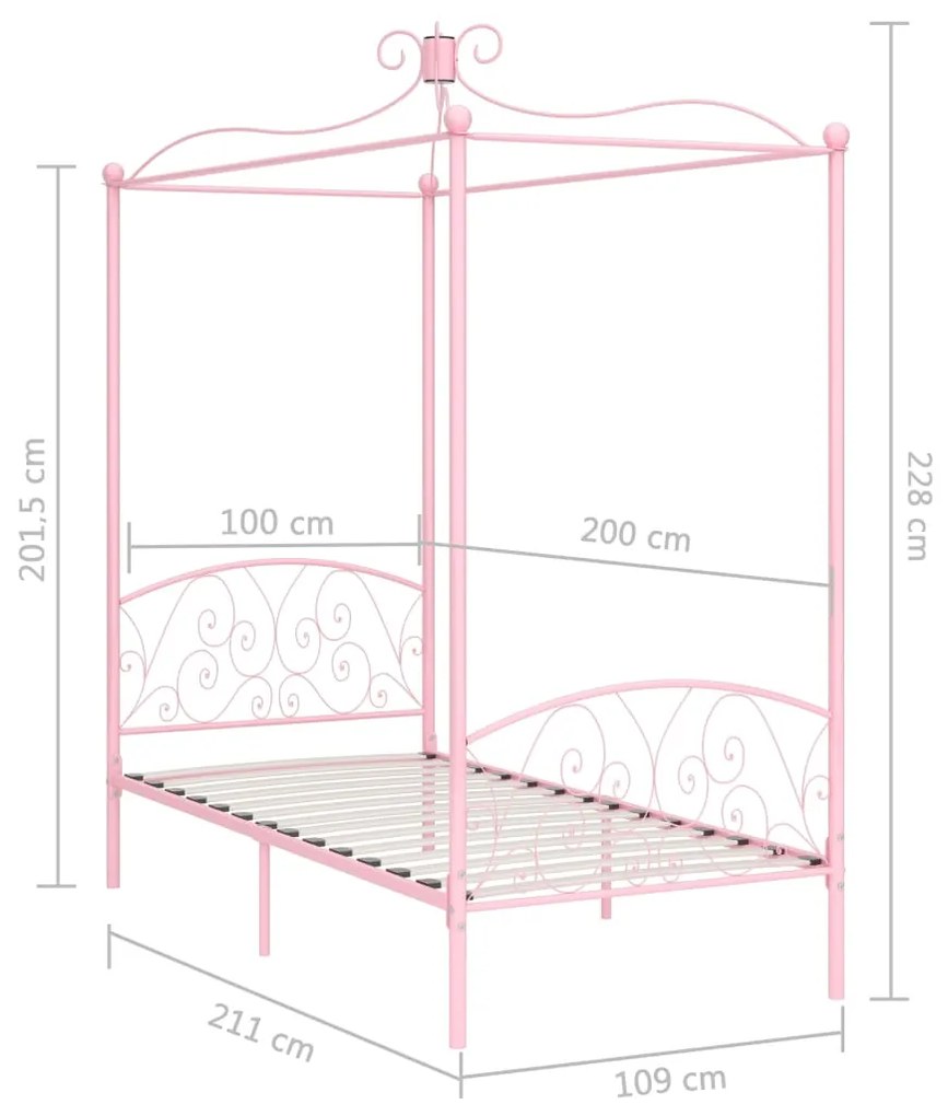 Estrutura de cama com dossel 100x200 cm metal cor-de-rosa