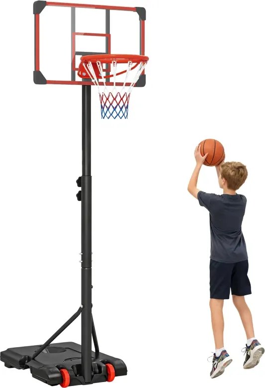 Cesto de Basquetebol com Altura Ajustável 178-208 cm Rodas Base Recarregável para Exterior 75x56x210-240 cm Vermelho e Preto