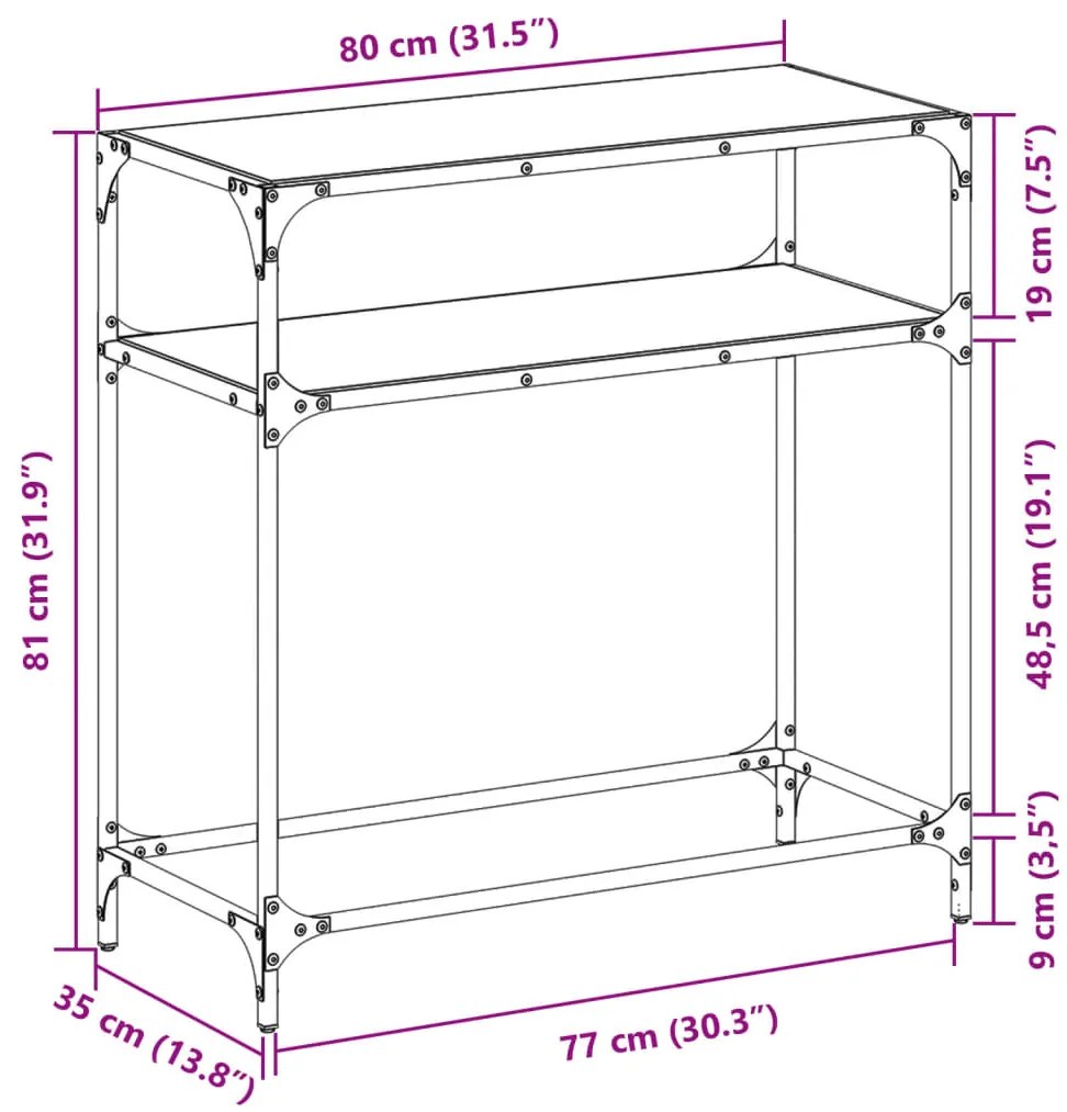 Mesa de centro com tampo em vidro preto 80x35x81 cm aço