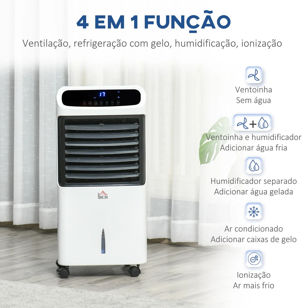HOMCOM Climatizador Humidificador Refrigerador de Ar com Rodas Depósito de 12L Controlo Remoto 3 Modos de Velocidade Temporizador 12h e Ecrã LED Tátil 38x35x81cm Branco