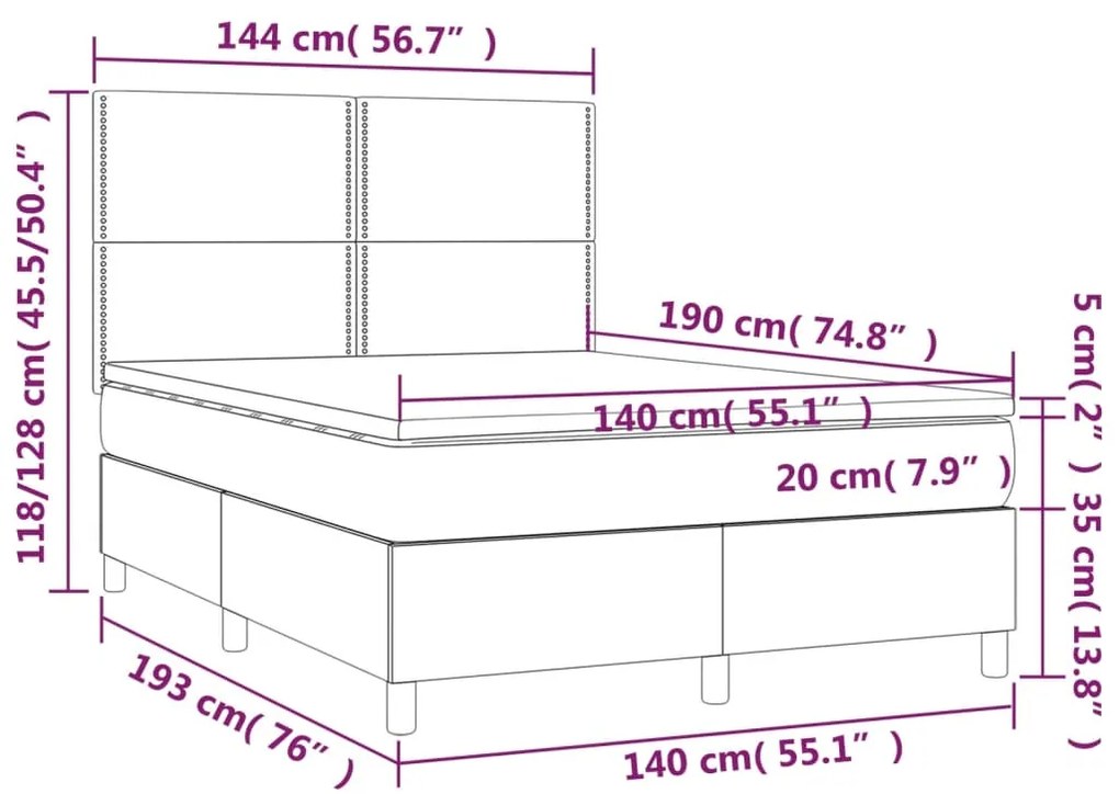 Cama box spring c/ colchão/LED 140x190 cm veludo cinzento