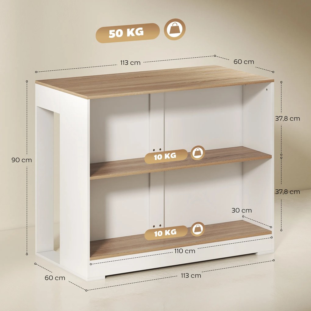 Mesa alta de cozinha 113 x 60 x 90 cm com 3 níveis e 2 compartimentos abertos, tampo com efeito de madeira natural, branca