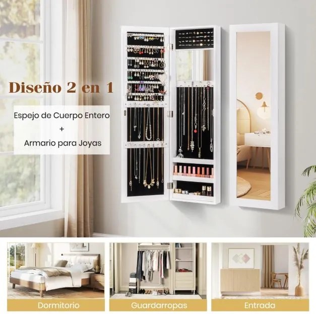 Armário Jóias com espelho de corpo inteiro 31,5 x 9,5 x 110 cm com espelho de maquilhagem interior com ganchos e prateleiras Branco