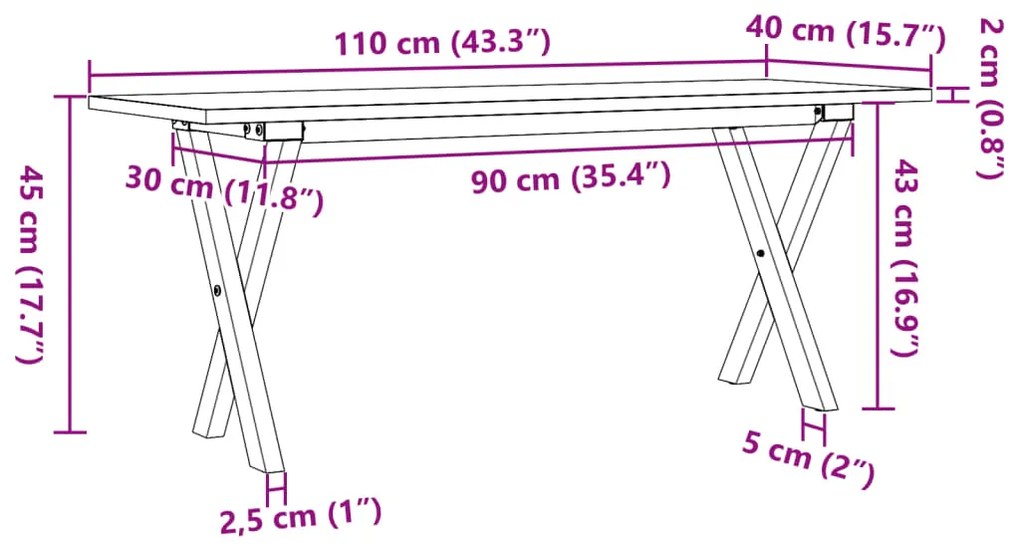 Mesa de centro estrutura em X 110x40x45cm pinho e ferro fundido