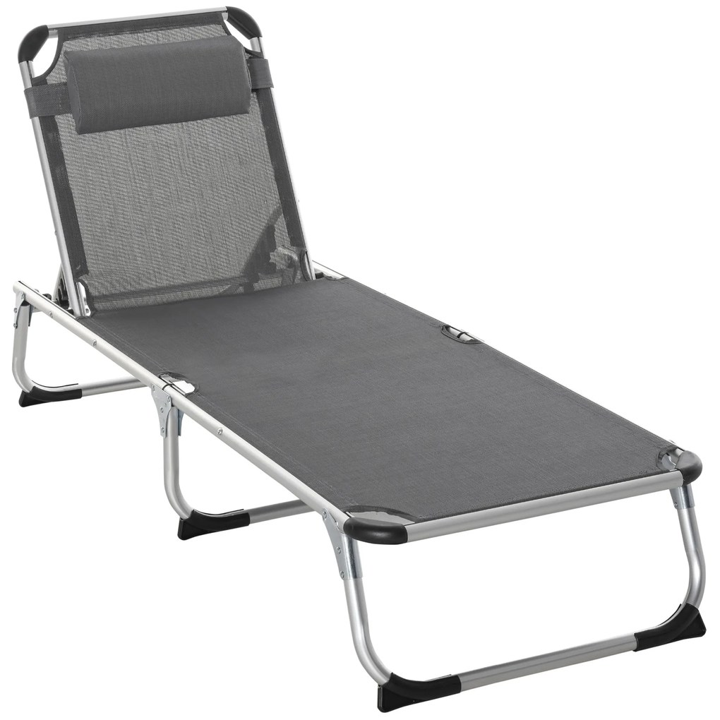 Outsunny Espreguiçadeira de Praia Dobrável Jardim Apoio Cabeça Removível Encosto Ajustável 4 Posições 170x60x76 cm Cinza | Aosom Portugal